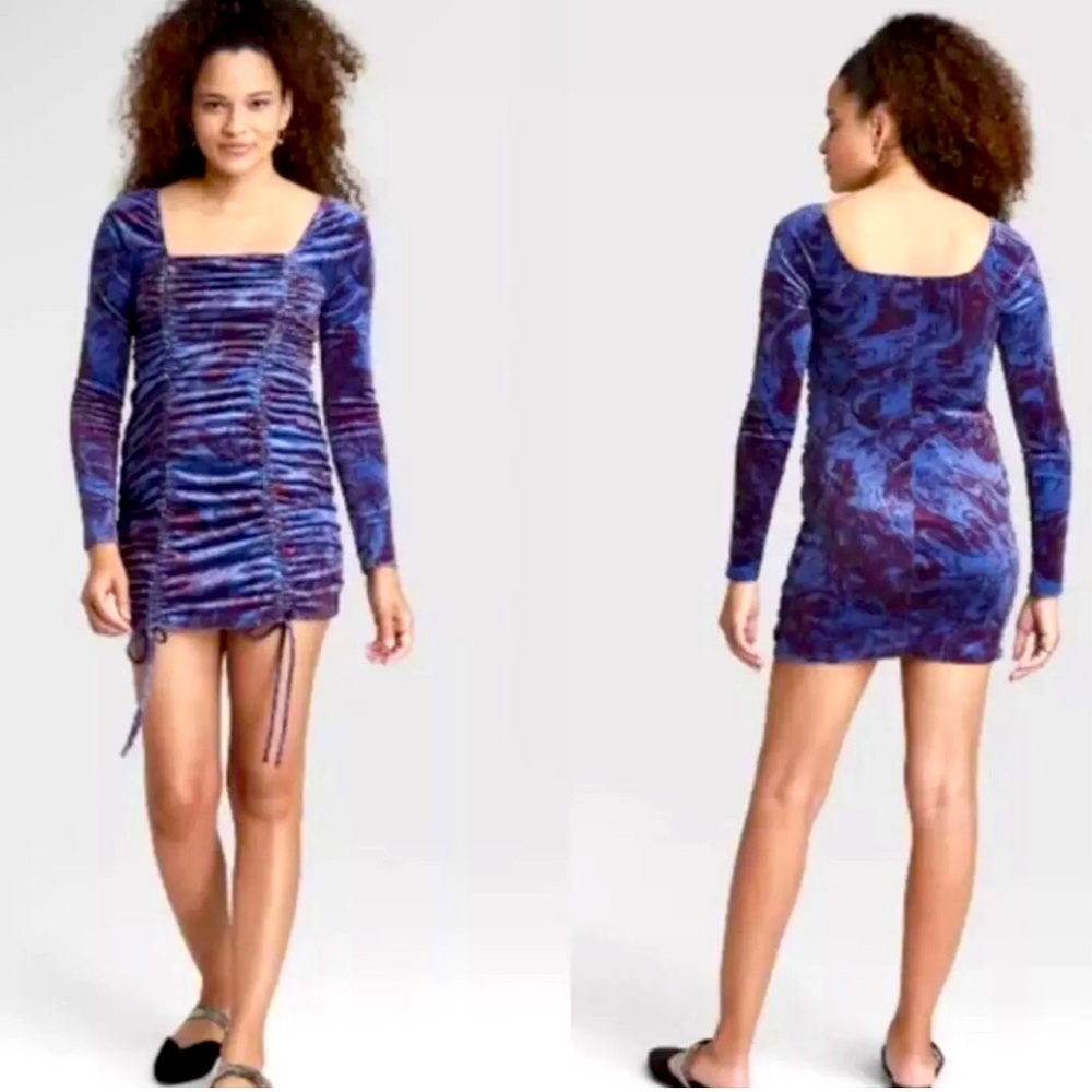 Wild Fable Dress Womens Size Large Blue Velvet Ruched Long Sleeve Mini NWT